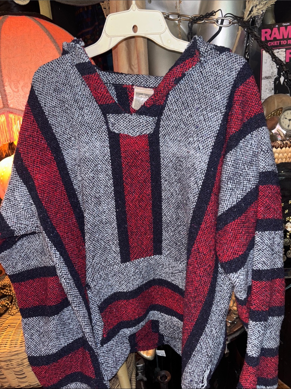 Men's Hooded Baja-Style Pullover Hoodie - Red & Gray